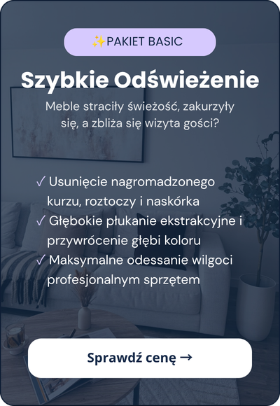 Pakiet Standardowe Odświeżenie - Pranie tapicerki meblowej Kraków Południe. Głębokie czyszczenie ekstrakcyjne, usuwanie kurzu, roztoczy i codziennych zabrudzeń, eliminacja brzydkich zapachów.